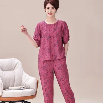 2023 Nyáron Új Középkorú Anya Pamut Hálóruházat Print Női Pizsama Szett Nő 2 Darab Rövid Ujjú Loungewear XL-3XL Nagy