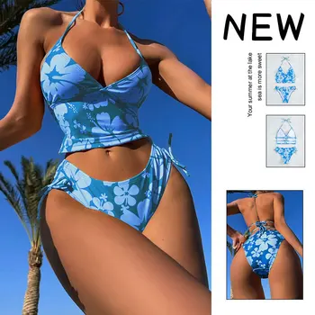 2023 Új Fürdőruha virágmintás Női Ruhák Két Darab Beállítja a Nyomtatott Strandcuccot Pántos Bikini Szett Lace-up Push Up Tankini Fürdőruha