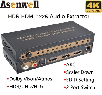 4K-60Hz HDMI Splitter 1-2 Audio Extractor ARC SPDIF 2CH RCA 18Gbps Dolby Látás Atmos HDR UHD EDID Beállítás Scaler Le