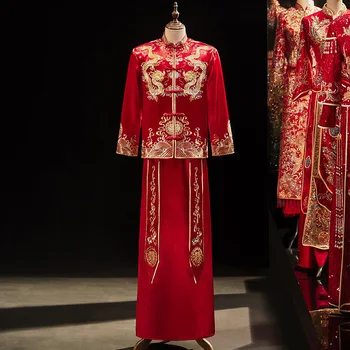 A férfiak Vintage Esküvői Ruházat Kínai Vörös Sárkány, Hímzett Köntöst Vőlegény Ősi Ruha костюм для восточных