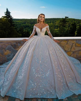 A Váll Esküvői Ruhák 2023 V-Nyakú Hosszú Ujjú Egész Fényes Gyöngyös Csipke, Flitter Hercegnő estélyi Ruha vestidos de novia