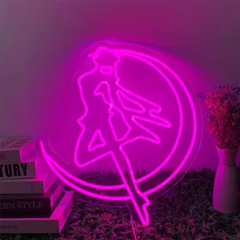 Anime neonreklám Hold Lányok Lámpák Fali Dekor LED Világítás Játék Szoba Jel Születésnap Esküvő Party Neon Gyerekek Hálószoba Éjjeli Lámpa