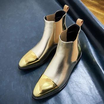 Arany Chelsea Boots Férfi Magas szárú Hegyes Bőr Csizma 2023 Nyári Trend Alkalmi Slip-On Motoros Csizma Cipő Üzlet