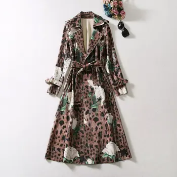 Európai, illetve Amerikai női ruházat 2023 őszi új Hosszú ujjú ruha gallér leopárdmintás rose nyomtatási Divat Öv ballonkabát