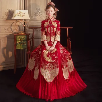Hagyományos Phoenix Hímzés Tassel Cheongsam Kínai Elegáns Menyasszony Feleségül Ruha Pár Esküvői Öltöny китайская одежда