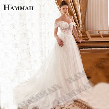 HAMMAH Elegáns Princess Esküvői Ruhák Mariages Appliqués Illúzió Édesem Le A Vállán Egy Sort Vestido De Casamento