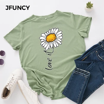 JFUNCY S-5XL Női pólók Női Rövid Ujjú Póló Maximum Daisy Nyomtatás Nő Alkalmi Tshirt 2021 Nyári Pamut Póló