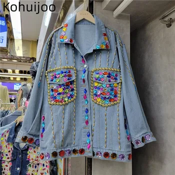 Kohuijoo Tavasszal Új, Nehéz Gyöngyfűzés Sokszínű Gyémánt Farmer Kabát Női Divat Flitteres Design Farmer Kabát Női Cowboy Kabát