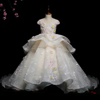 Le Váll-Fehér, Csipkés, Virágos Appliqués Virág Lány Ruha Esküvői 2023 Hercegnő Estélyi Ruha Gyerek Verseny Elsőáldozó Ruhák