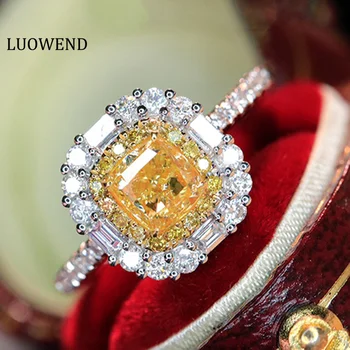 LUOWEND 18K Fehér Arany Gyűrű Luxus Igazi Természetes Sárga Gyémánt Klasszikus Négyzet Alakú Esküvői Gyűrűk Nők Eljegyzési Party