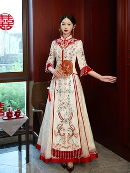 Menyasszony Csillogó Flitterekkel Gyöngyfűzés Qipao Pezsgő Esküvői Ruha Retro Kínai Stílusú Bojt Cheongsam Pirítós Ruha