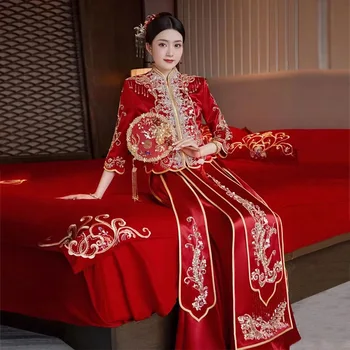 Menyasszonyi Hagyományos Flitterekkel Gyöngyfűzés Cheongsam Kínai Esküvői Ruha Pirítós Ruha