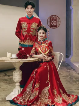 Méret S-2XL Modern Vörös Főnix Gyönyörű Flitterekkel Bling Pár Cheongsam Hagyományos Kínai Esküvői Ruha Keleti Qipao