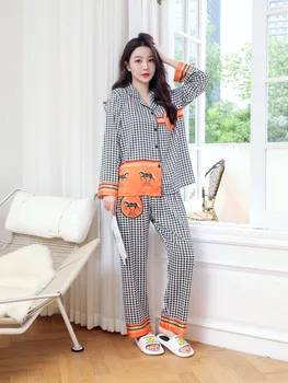 [Női pizsama] [jó minőségű]Pár pizsama Őszi Új Polo Kardigán Jég Vékony Selyem Virág Lakberendezés Gyári Nagykereskedelme