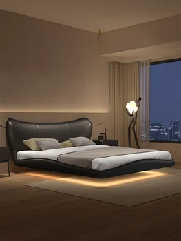 Olasz rendkívül egyszerű felfüggesztett ágy Modern minimalista víz hullámok csendes szél bőr hálószoba dupla queen-size méretű ággyal