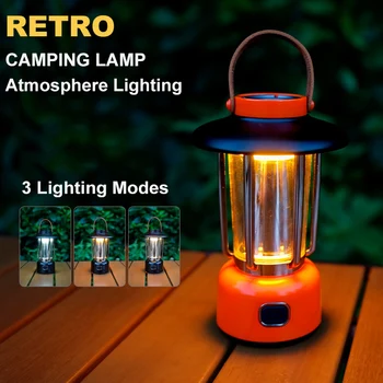 Retro Camping Lámpa Hordozható Lógó Lámpa Kerti Sátor Fény Multifunkciós Lámpa Újratölthető LED-es Évjárat Környezeti Ligh