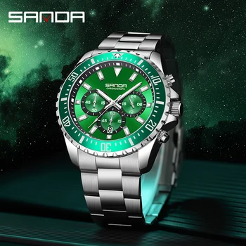 SANDA Luxus Acél Zenekar Naptári Férfi Kvarc Karóra Egyszerű, Három Szeme Hat Tű Zöld Víz Szellem Fluoreszkáló Watch 5306