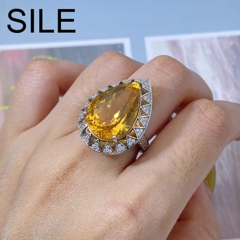 SILE vízcsepp Citrin Gyűrű A Nők Lány Természetes Drágakő Berakással 925 Sterling Ezüst Ékszerek Luxus Nagy Kő Gyűrű Ékszer Ajándék