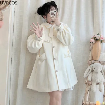 Téli Női Gyapjú Kabát Japán Lolita Stílus Édes Kawai Íj Egy-Line Laza Kabátok Női Elegáns Őszi koreai Divat Outwear