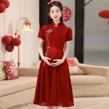 Yourqipao Plus Size Menyasszony Pirítós Ruha Női Rövid Eljegyzési Cheongsam Ruha Terhes Kismama Kínai Esküvői Party Ruhák