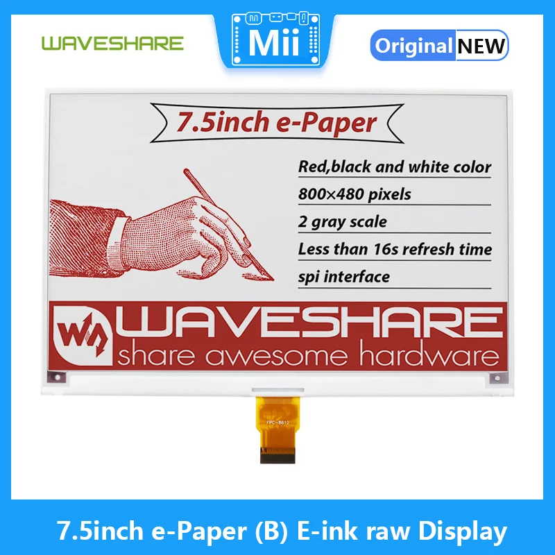 Waveshare 7.5 inch e-Papír (B) E-ink nyers Kijelző Piros, Fekete, Fehér, Három színben, SPI, e-papír a Raspberry Pi 4B/3B/3B+/Nulla/Nulla W