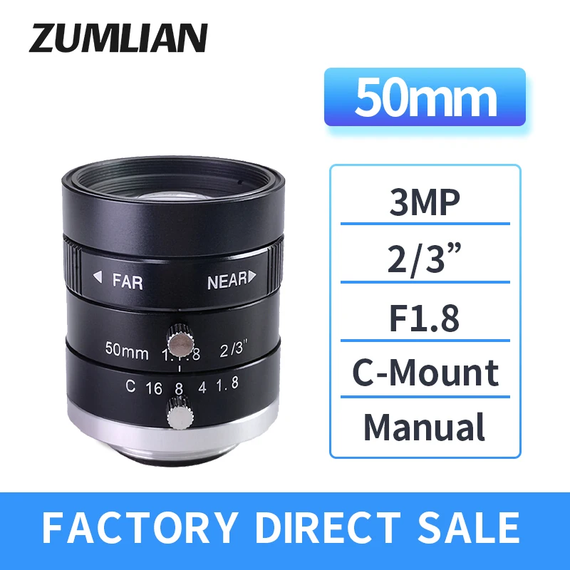 ZUMLIAN 3MP 50mm Fix Fókusztávolságú Nagy fényerejű C-Mount Gépi Látás Kézi Írisz FA Lencse, Ipari Kamera, Alacsony Torzítás