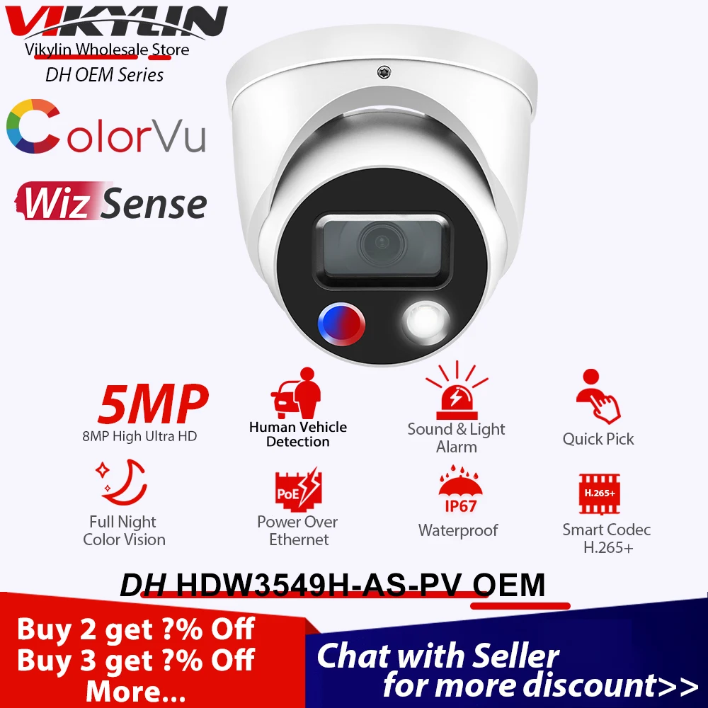 Vikylin IP Biztonsági Kamera Dahua 5MP IPC-HDW3549H-MINT-PV Tioc Színes éjjellátó Kültéri Kamera Mikrofon, Hangszóró, Audio SD WizSense