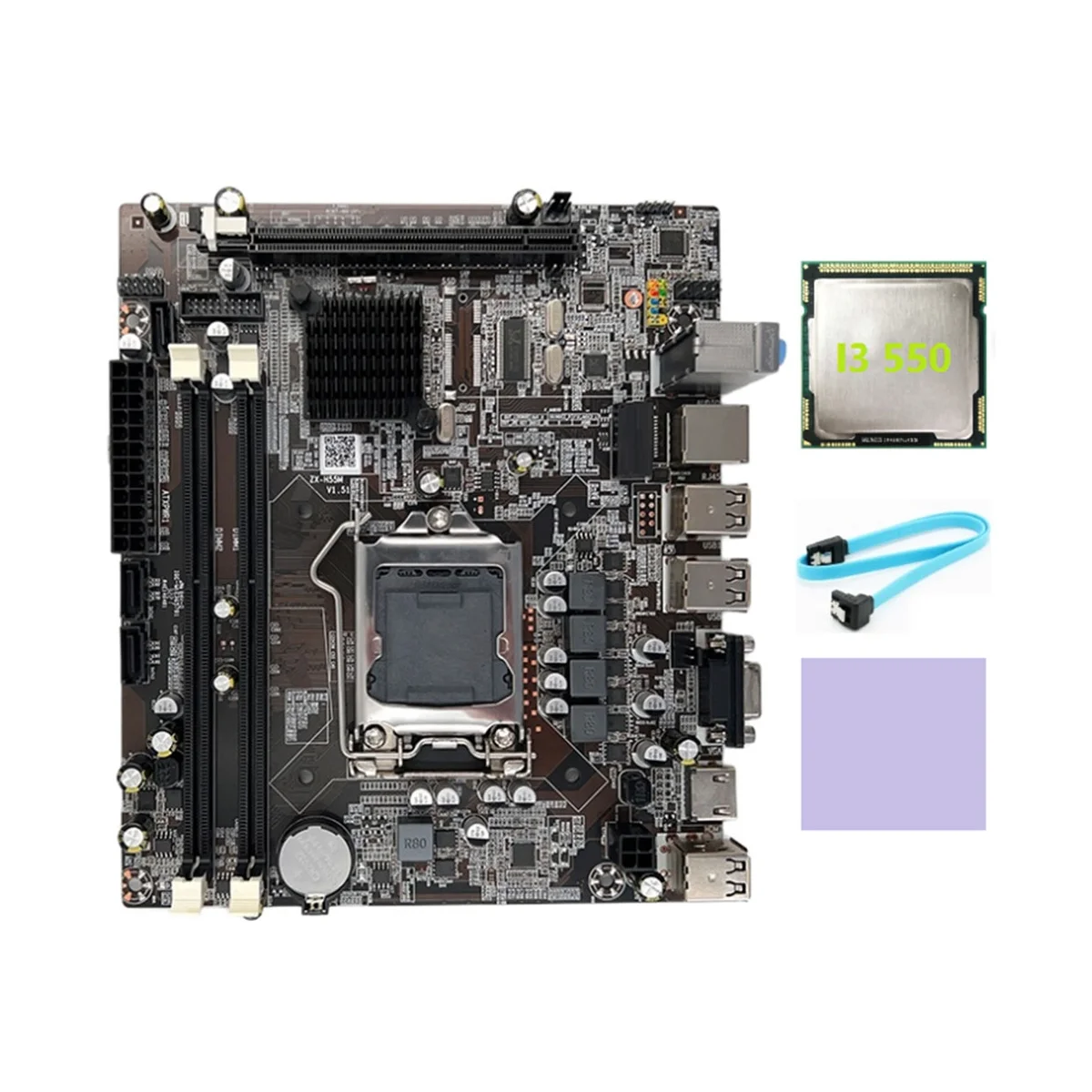H55 Alaplap LGA1156 Támogatja I3 530 I5 760 Sorozatú CPU, DDR3 Alaplap+I3 550 CPU+SATA Kábel+Thermal Pad