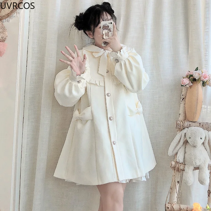 Téli Női Gyapjú Kabát Japán Lolita Stílus Édes Kawai Íj Egy-Line Laza Kabátok Női Elegáns Őszi koreai Divat Outwear