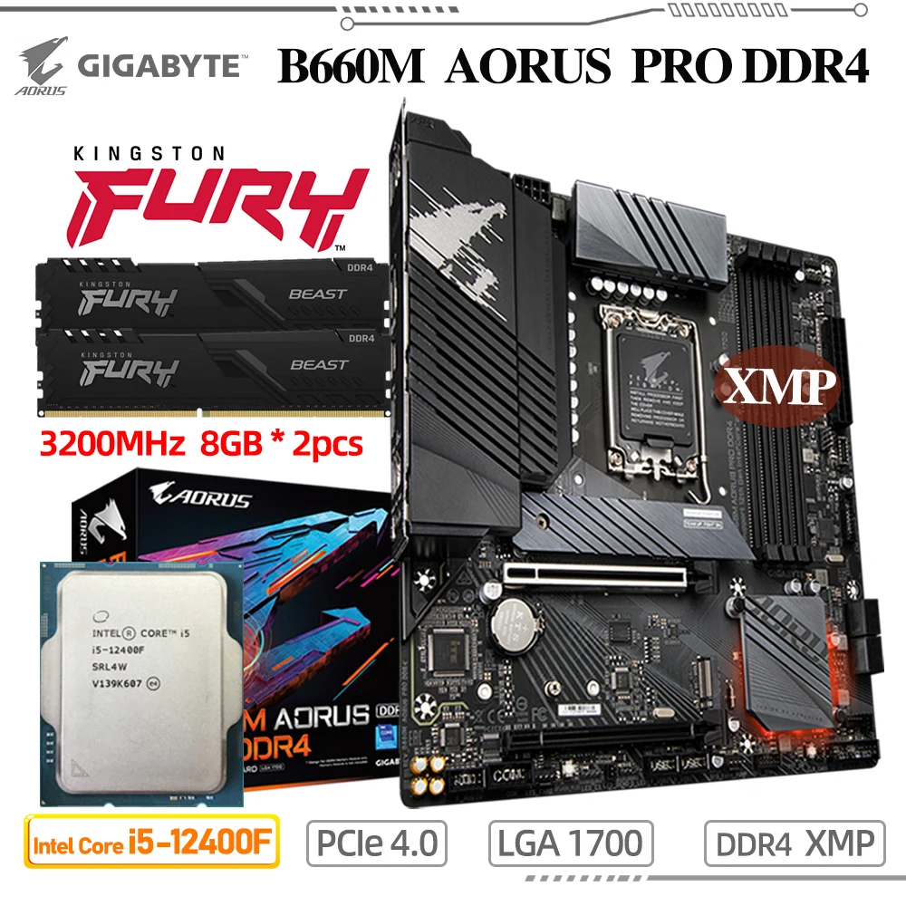 GIGABYTE B660M AORUS PRO DDR4 Alaplap i512400F CPU Kingston D4 3200MHz 16GB Ram PCIE 4.0 M. 2 M-ATX Intel Játék Alaplapja