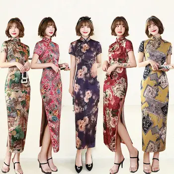 Új Nők Cheongsam virágmintás Vékony Rövid Ujjú Osztja Kínai Hagyományos Midi Ruha Party