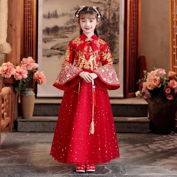 Újévi Ősi Qipao Lányok Őszi Téli Új Hanfu Ruha Retro Kínai Hercegnő Stílusú Szoknya Vestido Gyerekek Cheongsam