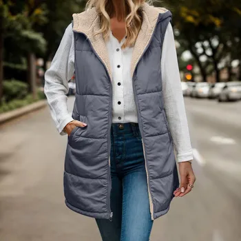 Őszi Téli Női Polár Mellény Pamut Kabát Kapucnis egyszínű Ujjatlan Cipzár Streetwear Reverzibilis Közepes Hosszúságú Kabát